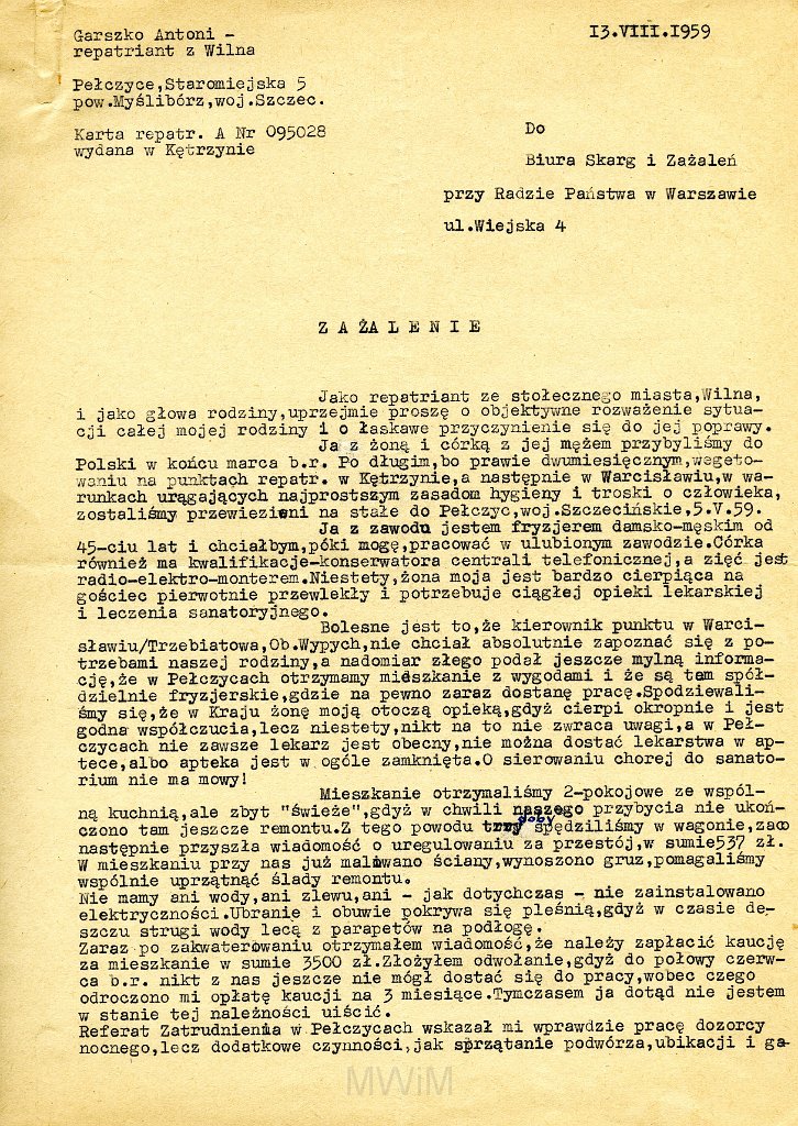 KKE 5878-1.jpg - Dok. Zażalenie Antoniego Graszko do Biura Skarg i Zażaleń przy Radzie Państwa w Warszawie w sprawie zmiany miejsca zamieszkania, Pełczyce, 13 VIII 1959 r.